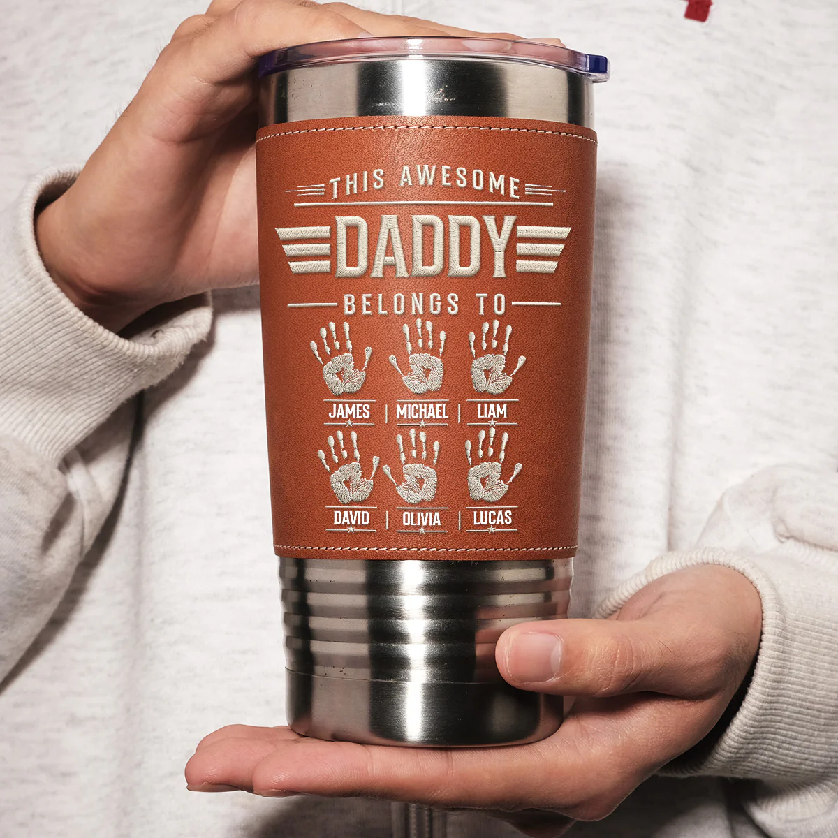 Our Awesome Dad - Personalized Custom Leather Tumbler - Image 4