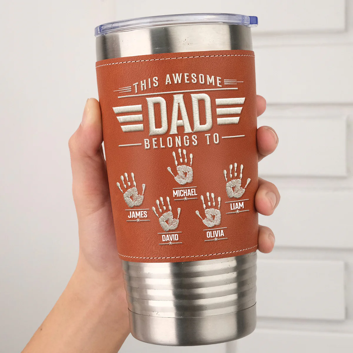 Our Awesome Dad - Personalized Custom Leather Tumbler - Image 5