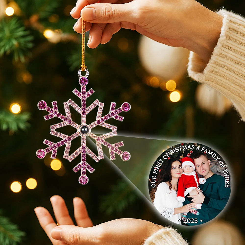 Our First Christmas As A Family - Personalized Custom Photo Snowflake Projection Ornament - Image 2