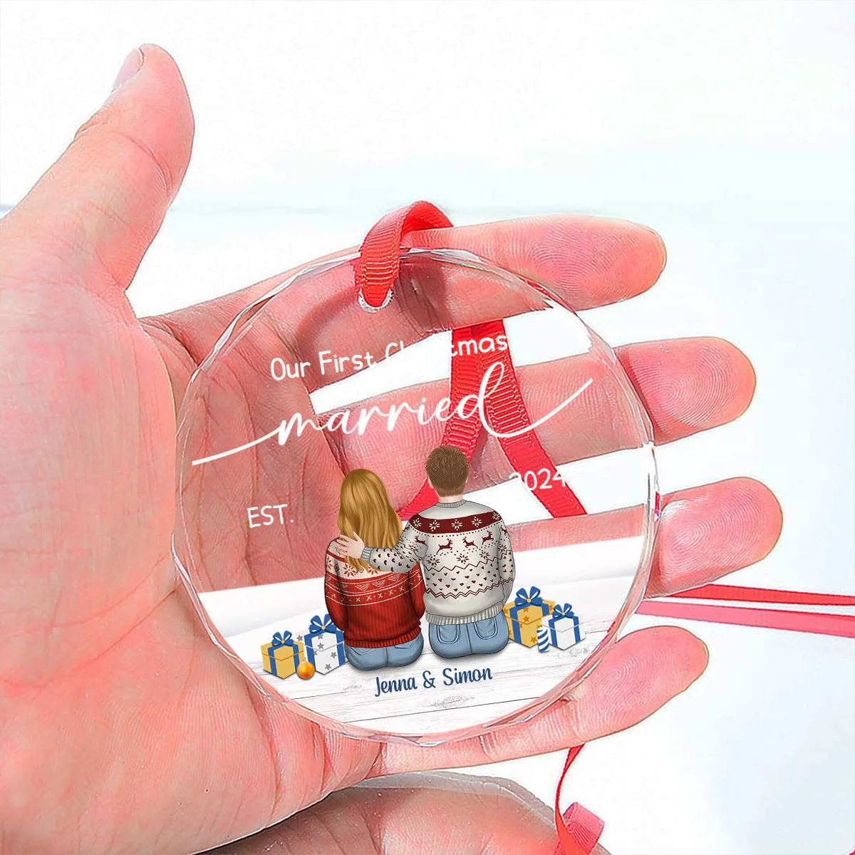 Our First Christmas Married - Personalized Custom Glass Ornament - Image 3