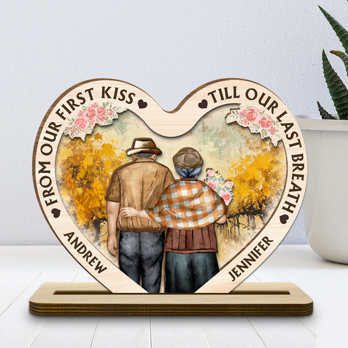 Our First Kiss - Personalized Custom 2-Layer Wood Plaque With Flat Base - Image 2