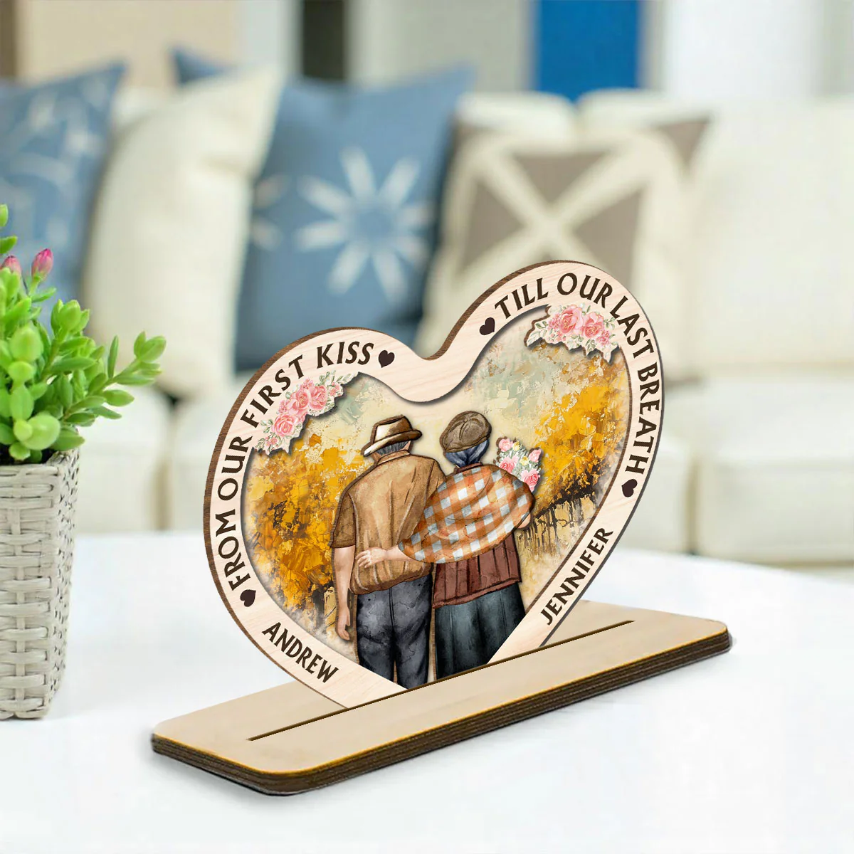 Our First Kiss - Personalized Custom 2-Layer Wood Plaque With Flat Base - Image 3