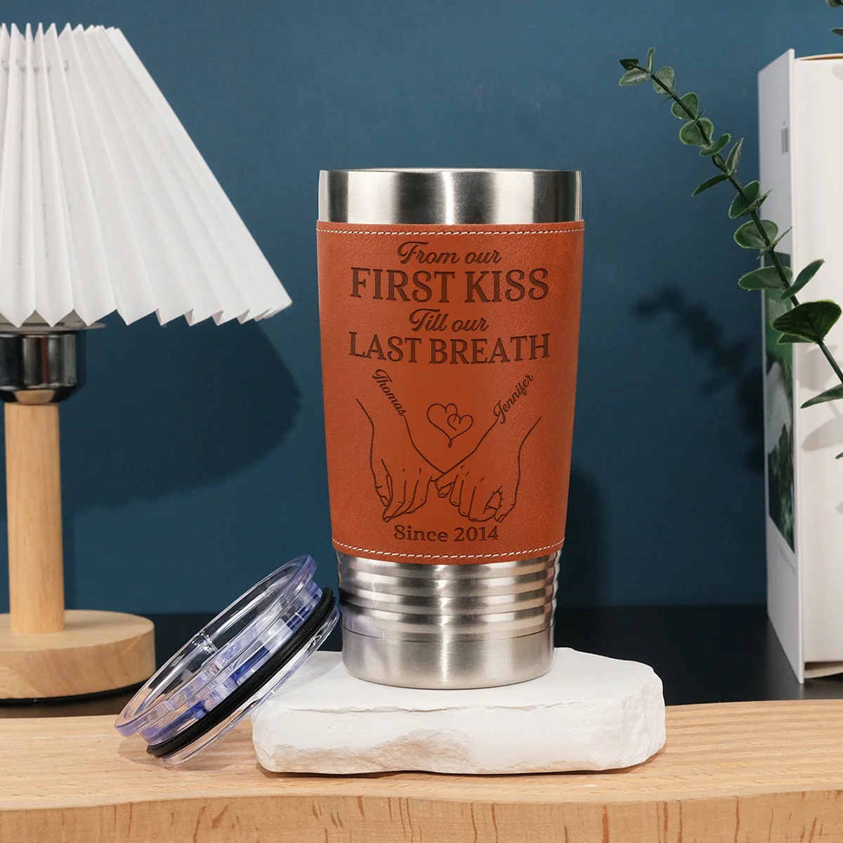 Our First Kiss - Personalized Custom Engraved Leather Tumbler - Image 2