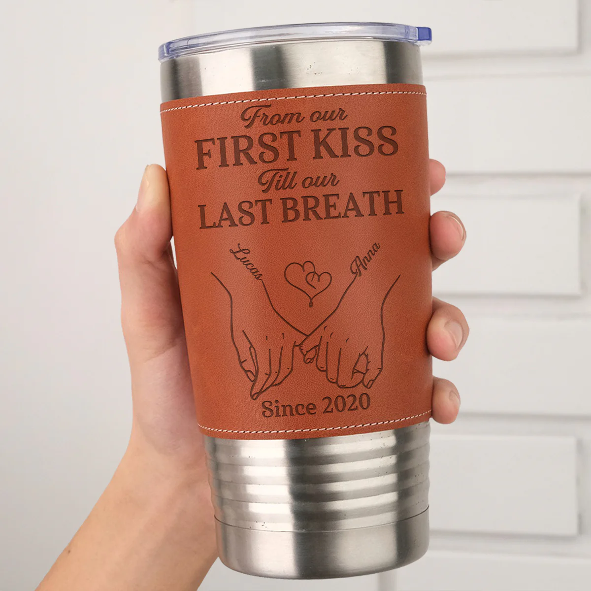 Our First Kiss - Personalized Custom Engraved Leather Tumbler - Image 3
