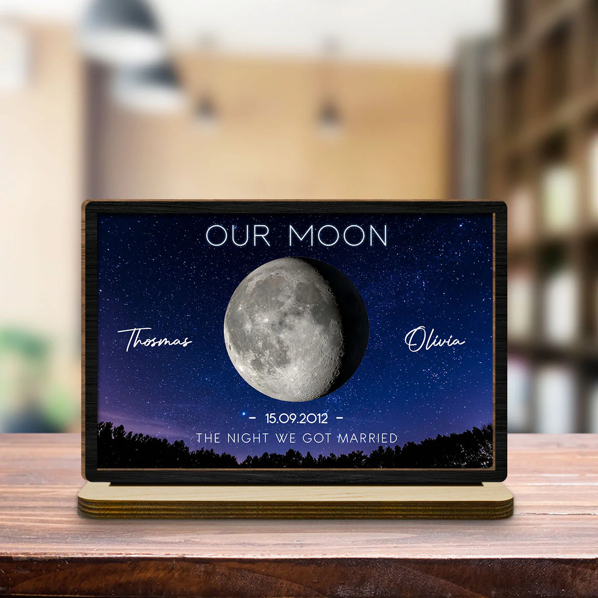 Our Moon - Personalized Custom 2-Layer Wood Plaque With Flat Base - Image 3