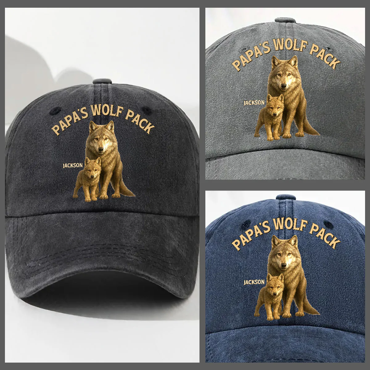Papa’s Wolf Pack - Personalized Custom Vintage Washed Denim Cap - Image 3