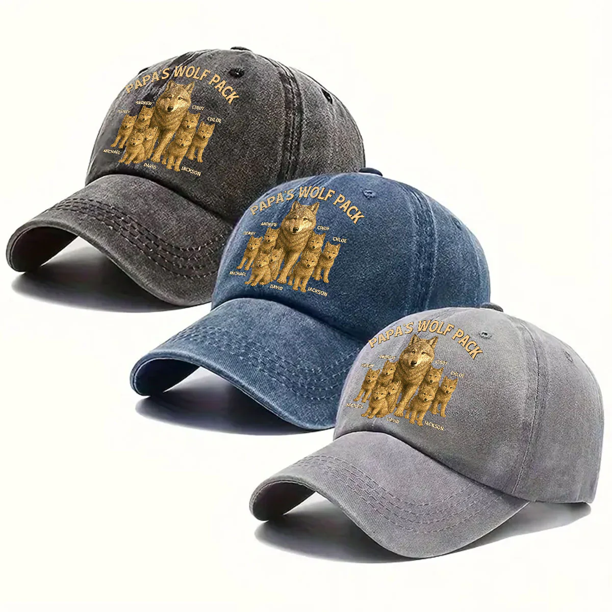 Papa’s Wolf Pack - Personalized Custom Vintage Washed Denim Cap - Image 4