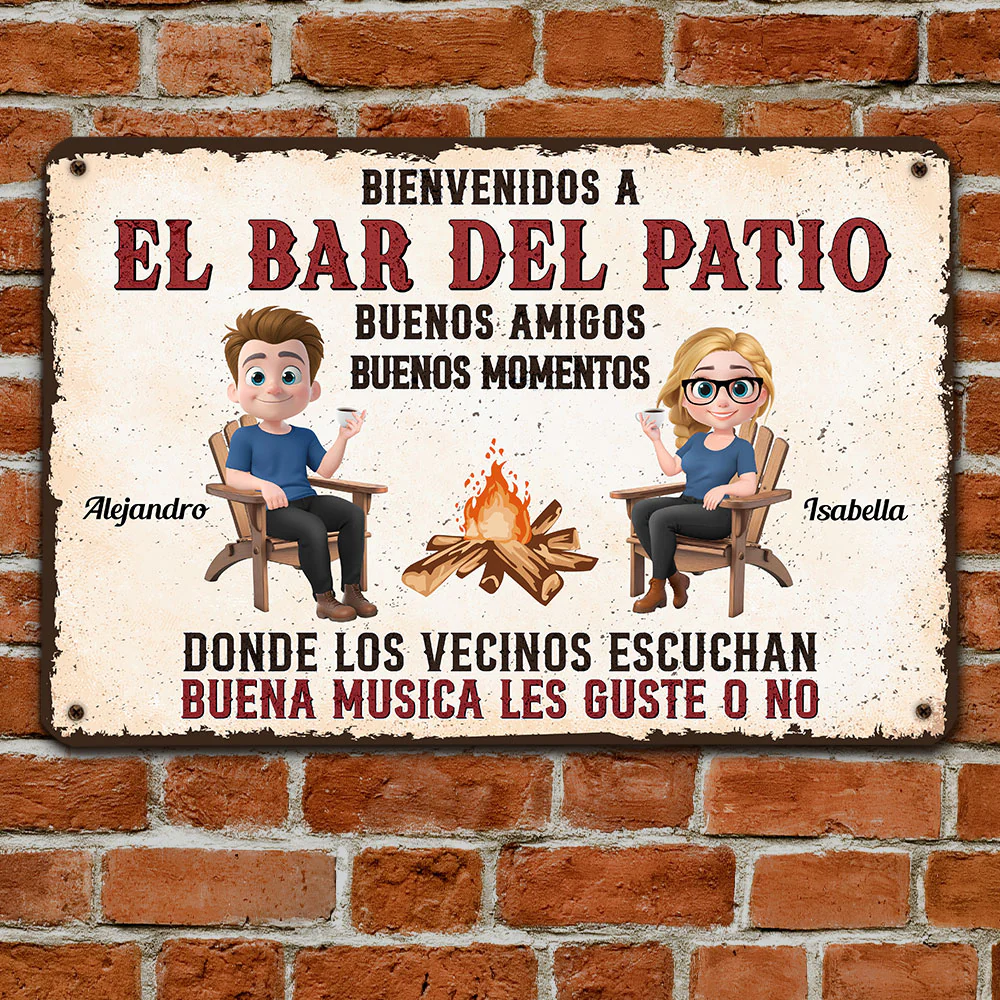Parrillada en el patio y buena música – Letrero metálico personalizado