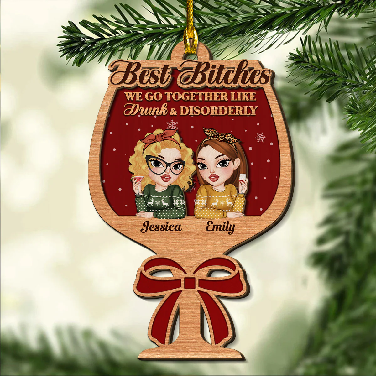 Partners In Wine - Personalized Custom 2-Layered Wood Ornament - Image 3