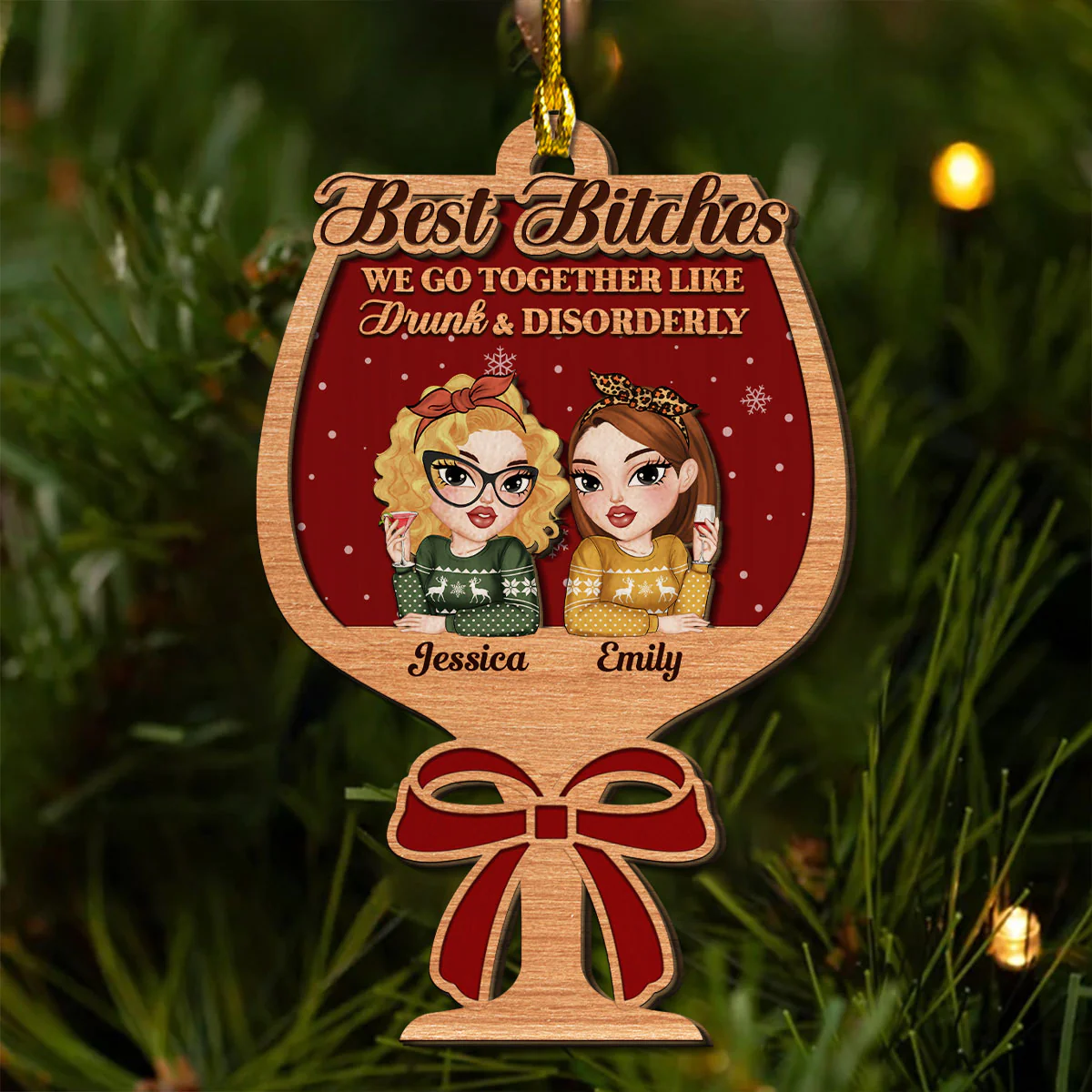 Partners In Wine - Personalized Custom 2-Layered Wood Ornament - Image 4