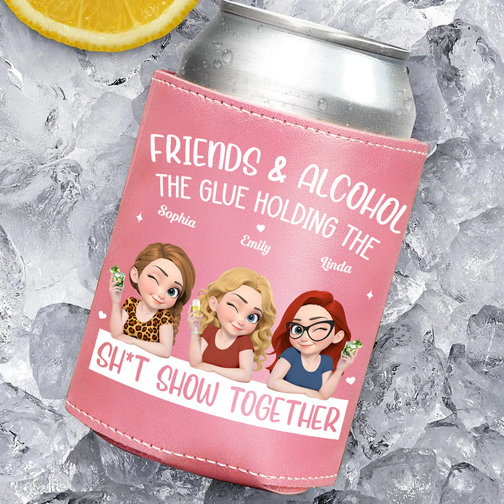 Partners In Wine - Personalized Custom Pink Leather Can Cooler Holder - Image 2