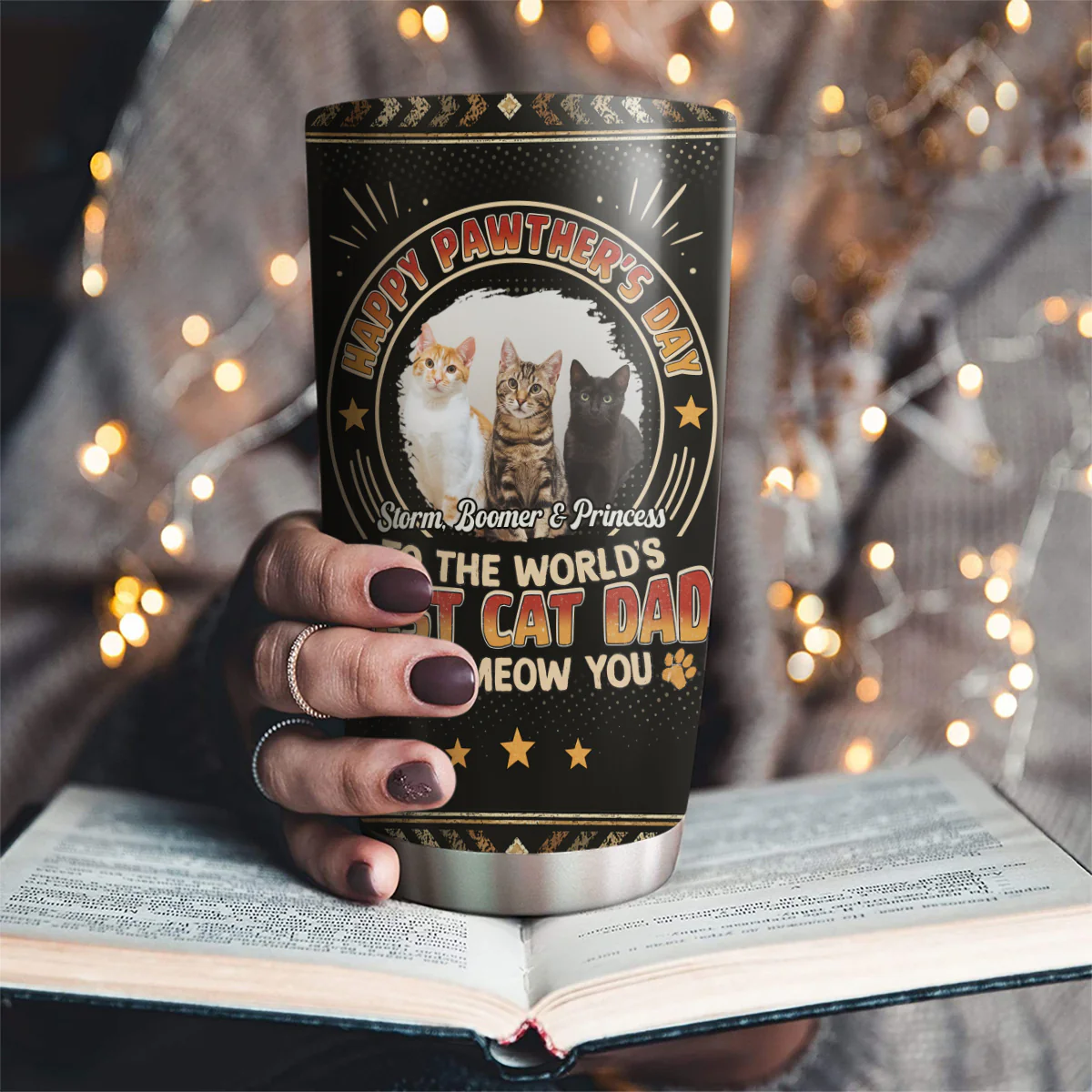 Pawther Day With Cat Dad Photo - Personalized Custom Tumbler - Image 2