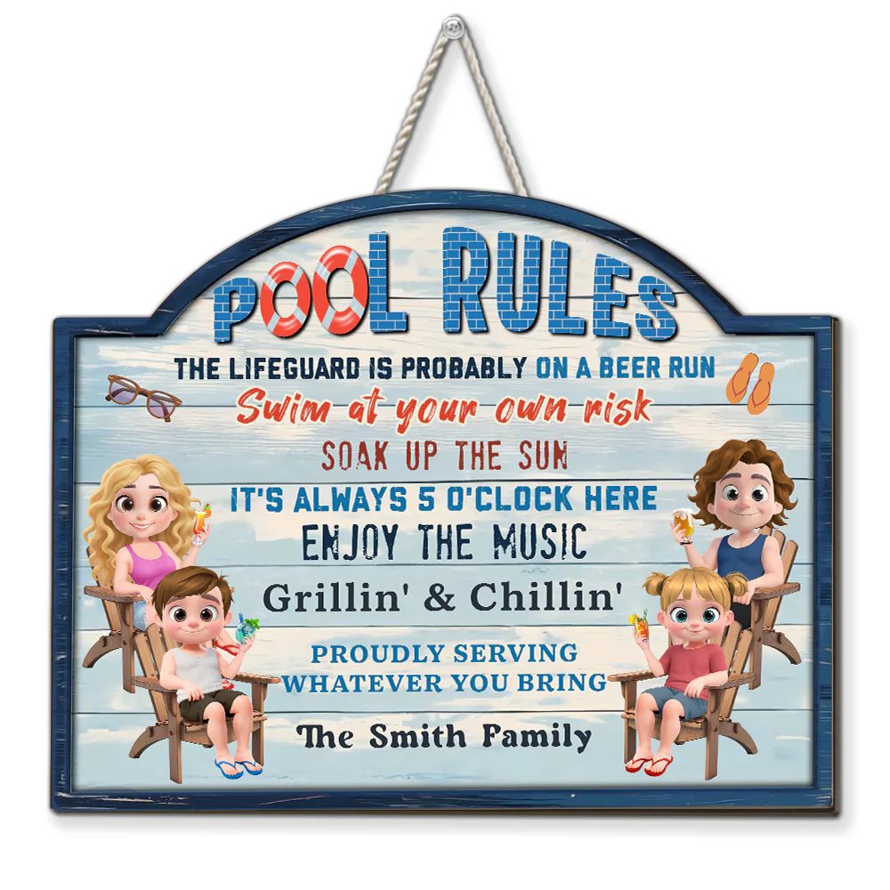 Pool Rules Swim At Our Family Own Risk - Personalized Custom Wood Sign