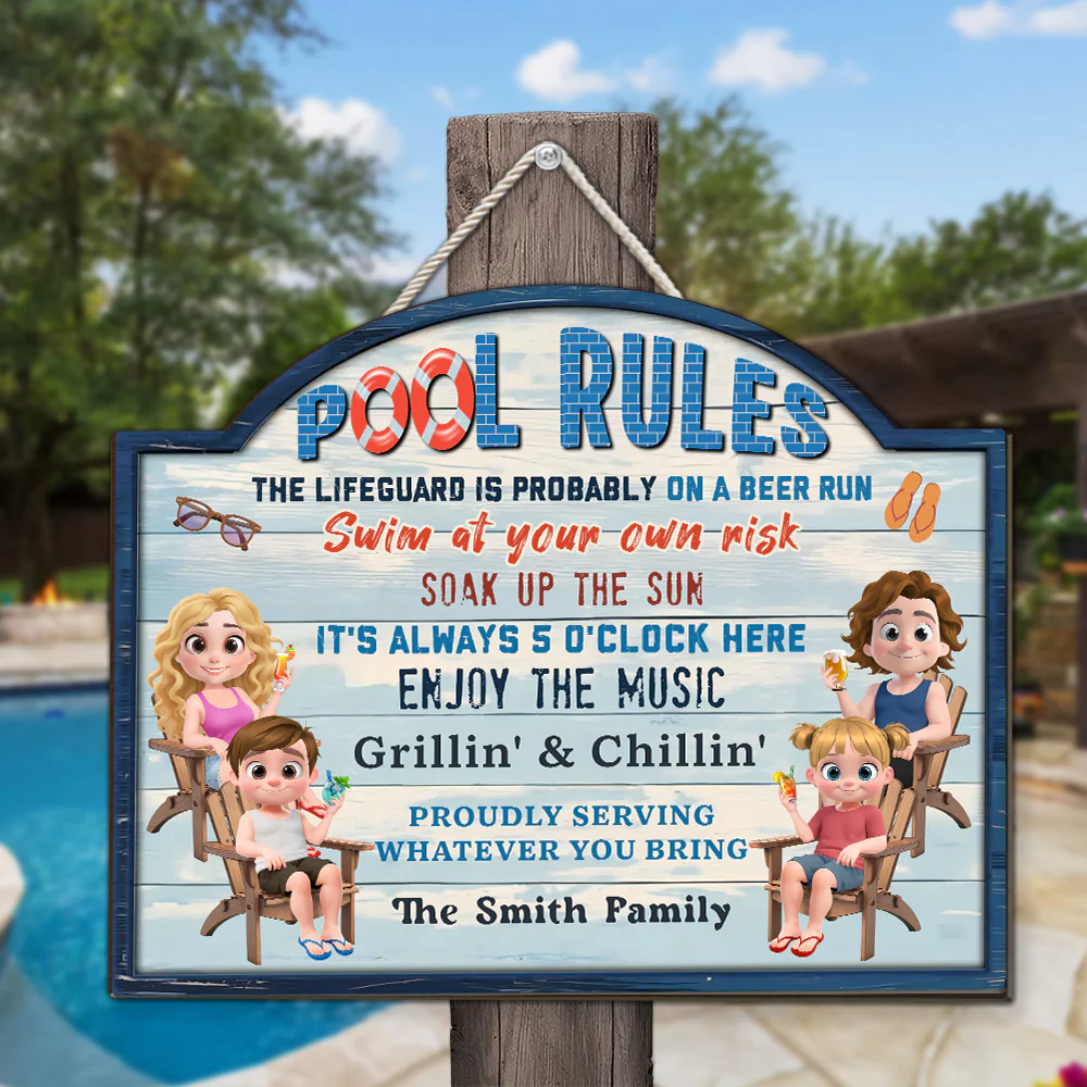 Pool Rules Swim At Our Family Own Risk - Personalized Custom Wood Sign - Image 3