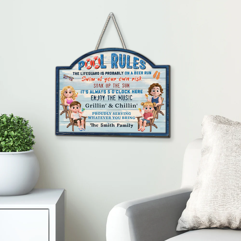 Pool Rules Swim At Our Family Own Risk - Personalized Custom Wood Sign - Image 6