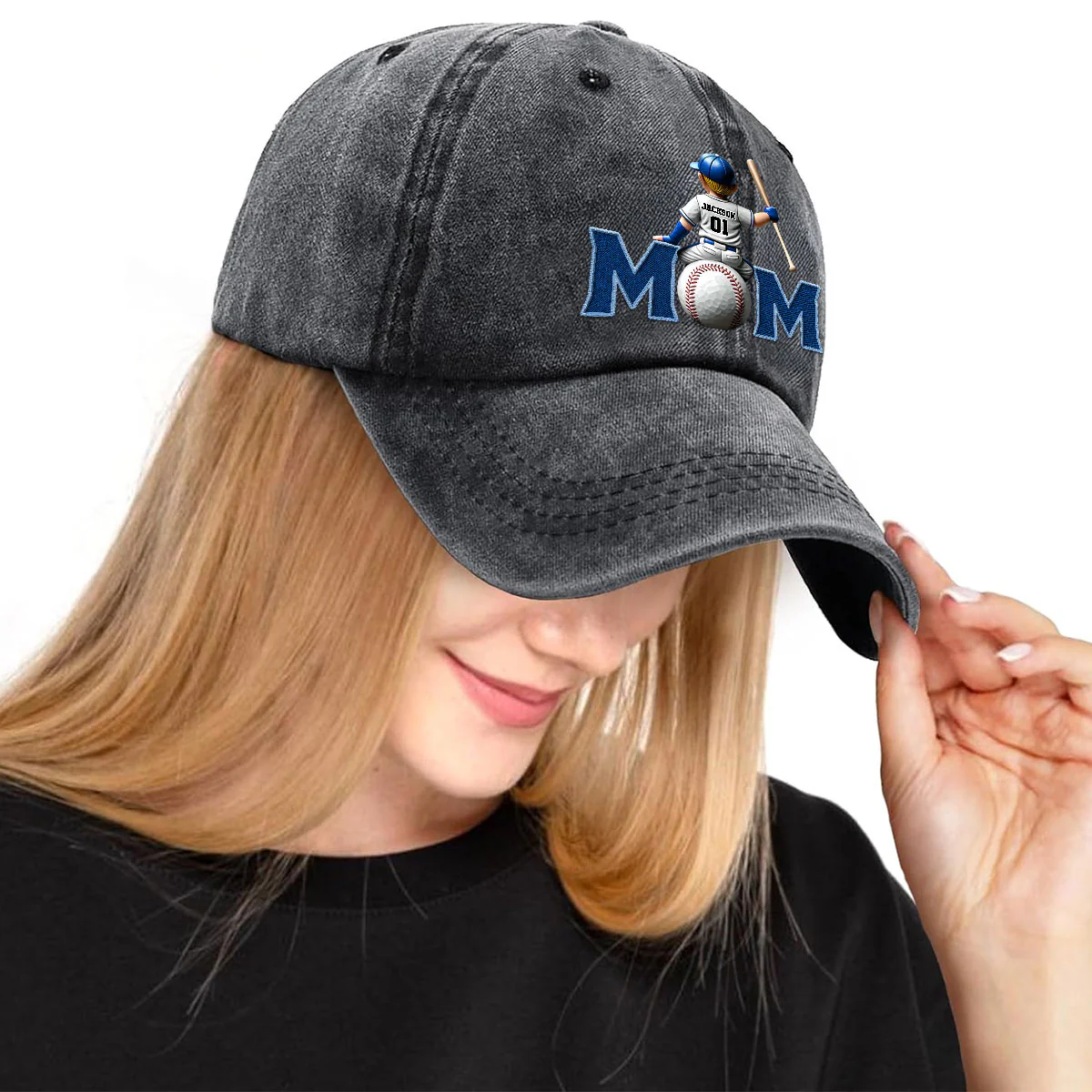 Proud Baseball Mom - Personalized Custom Vintage Washed Denim Cap - Image 3