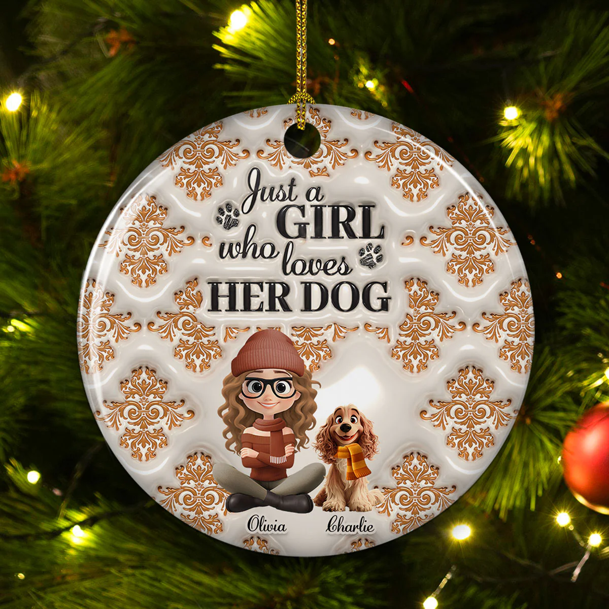 Pumskin Girl And Dog - Personalized Custom 3D Inflated Effect Ceramic Ornament - Image 2