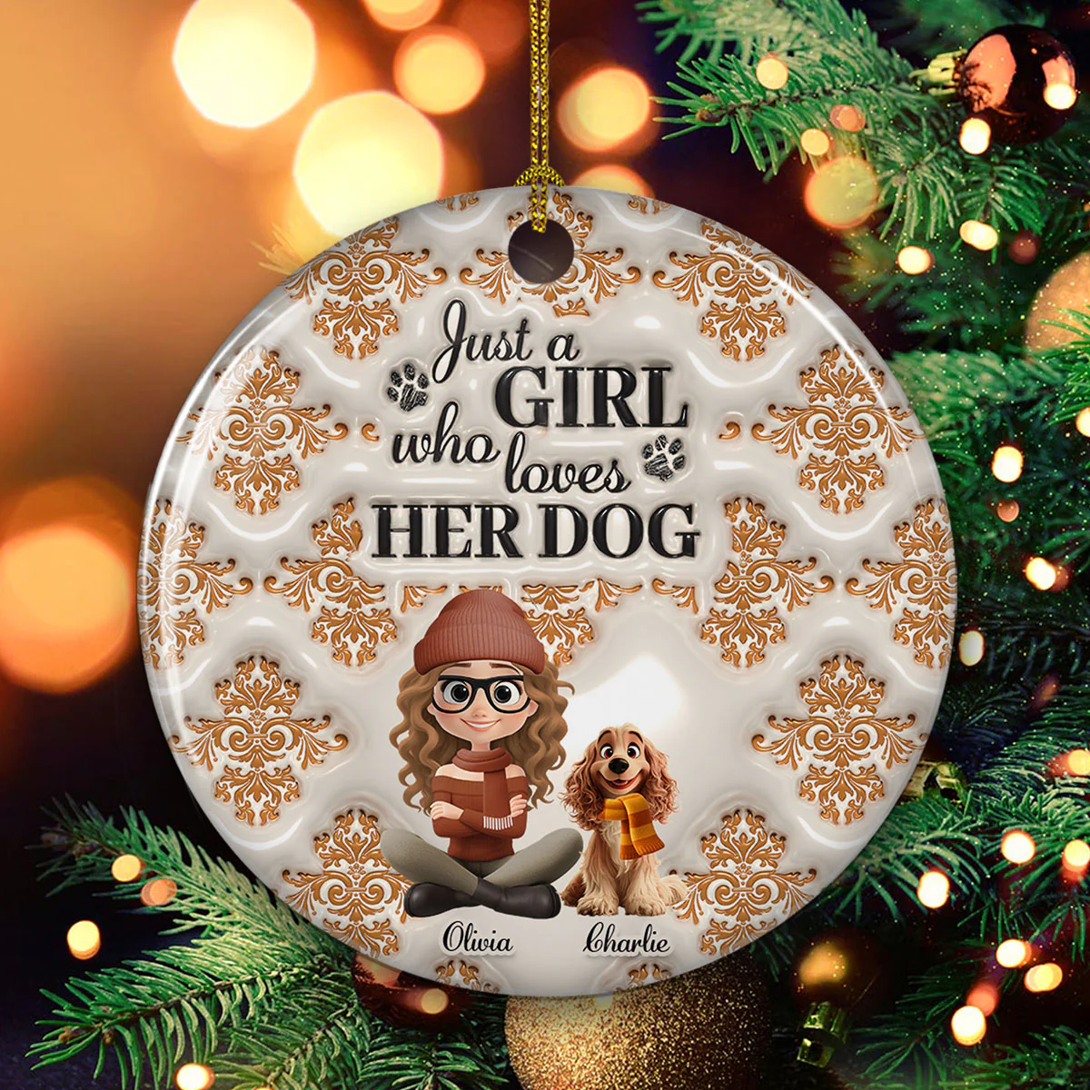Pumskin Girl And Dog - Personalized Custom 3D Inflated Effect Ceramic Ornament - Image 4