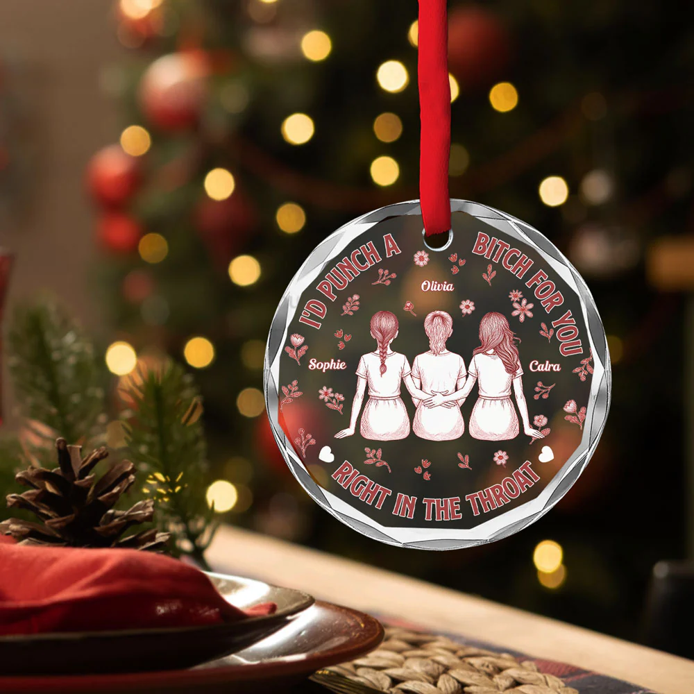 Punch Bitch Besties Blue Toile - Personalized Custom Glass Ornament - Image 3