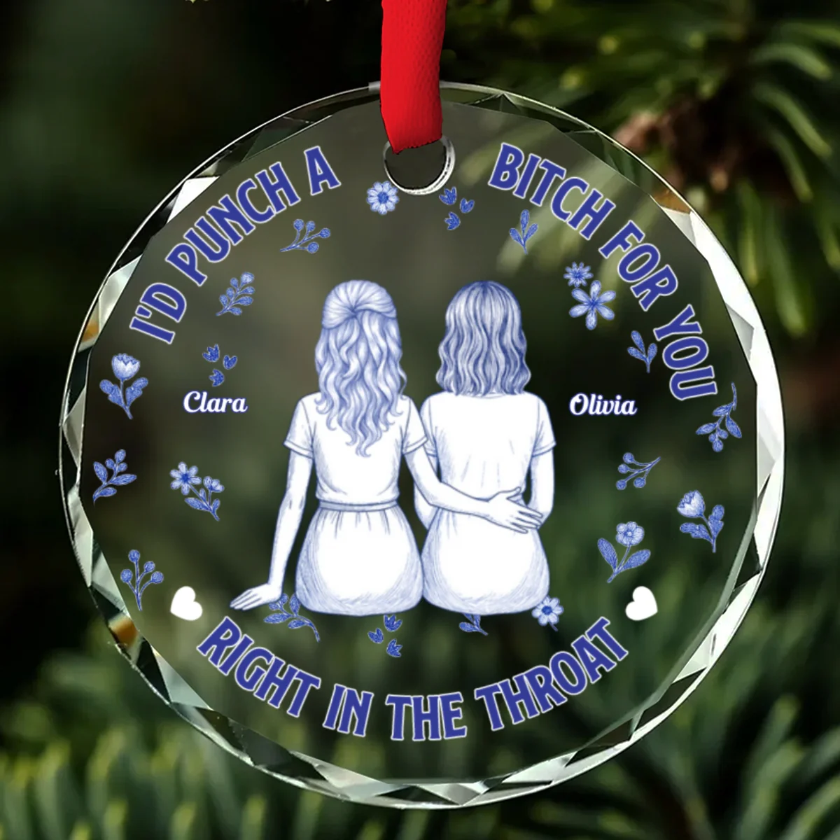 Punch Bitch Besties Blue Toile - Personalized Custom Glass Ornament - Image 6