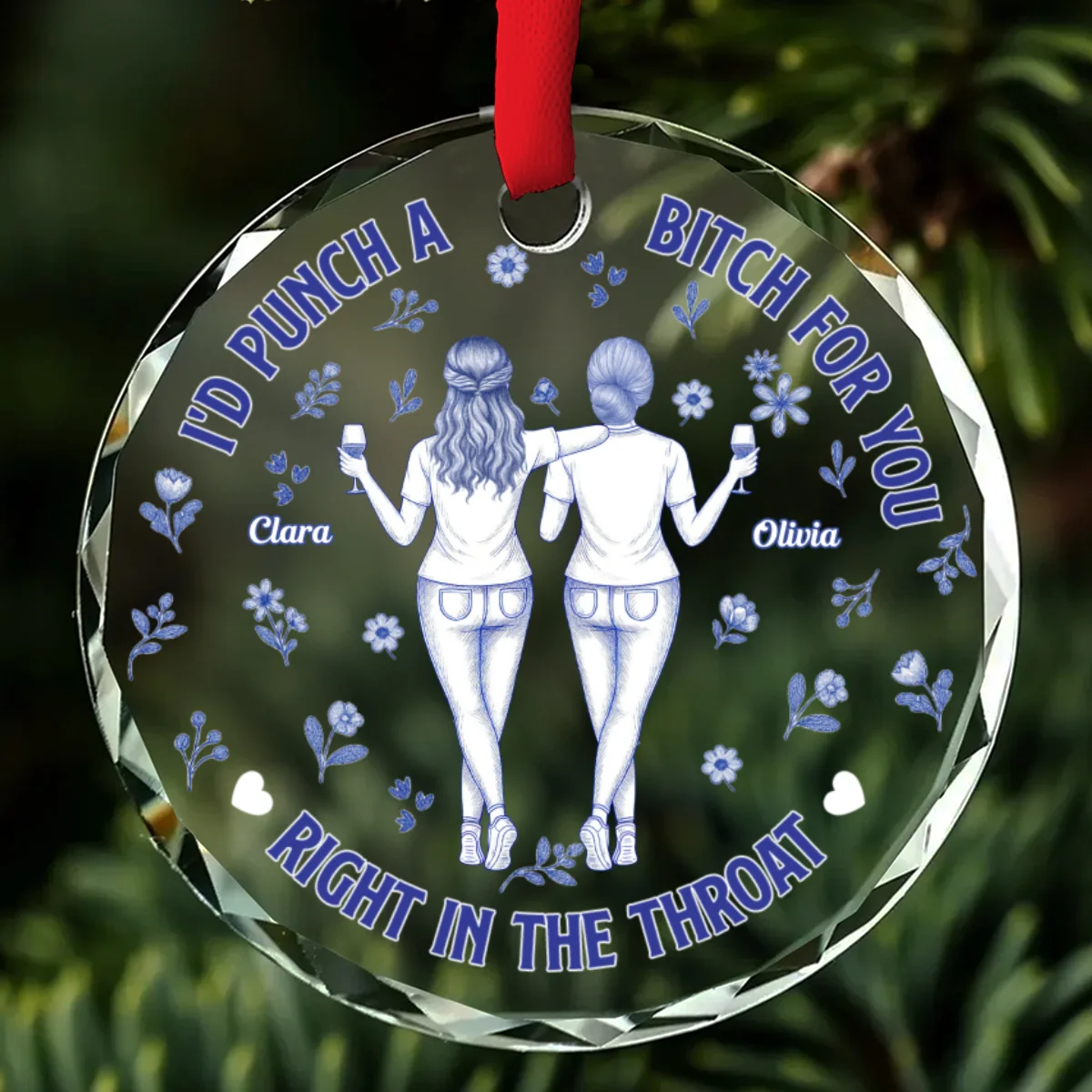 Punch Bitch Besties Blue Toile - Personalized Custom Glass Ornament - Image 6