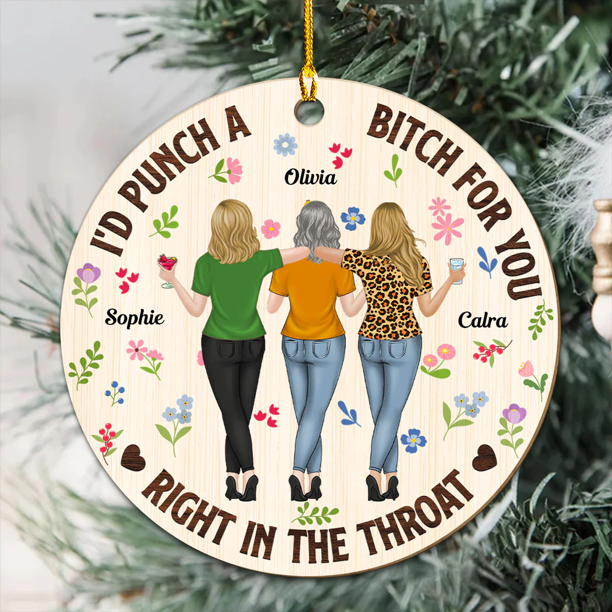 Punch Bitch Besties - Personalized Custom Wood Ornament - Image 3