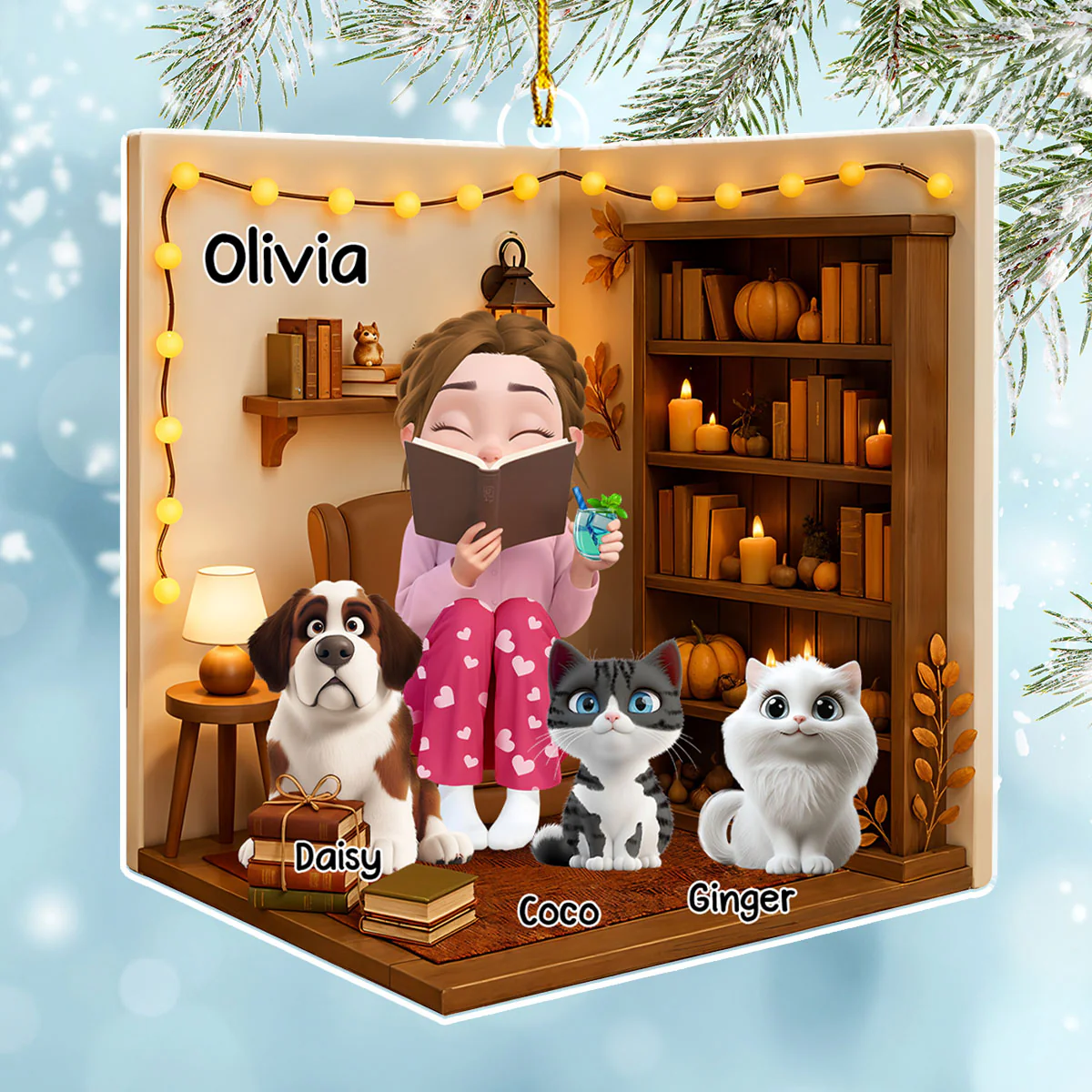 Reading Girly And Her Babies - Personalized Custom 3D Effect Acrylic Ornament - Image 4