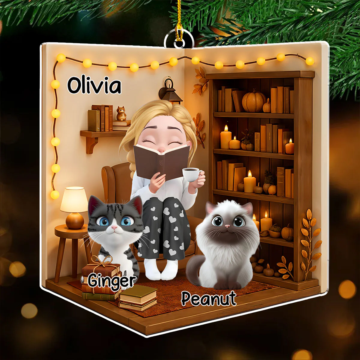 Reading Girly And Her Cats - Personalized Custom 3D Effect Acrylic Ornament - Image 3