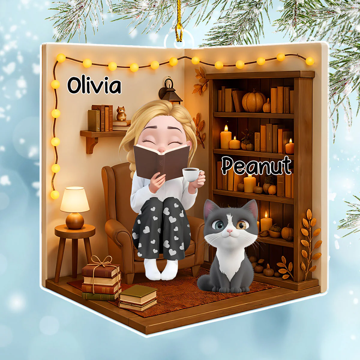 Reading Girly And Her Cats - Personalized Custom 3D Effect Acrylic Ornament - Image 4