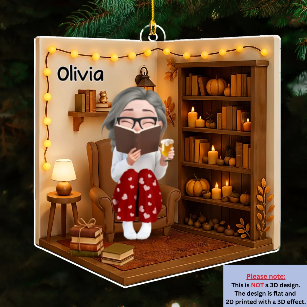 Reading Girly And Her Cats - Personalized Custom 3D Effect Acrylic Ornament - Image 6