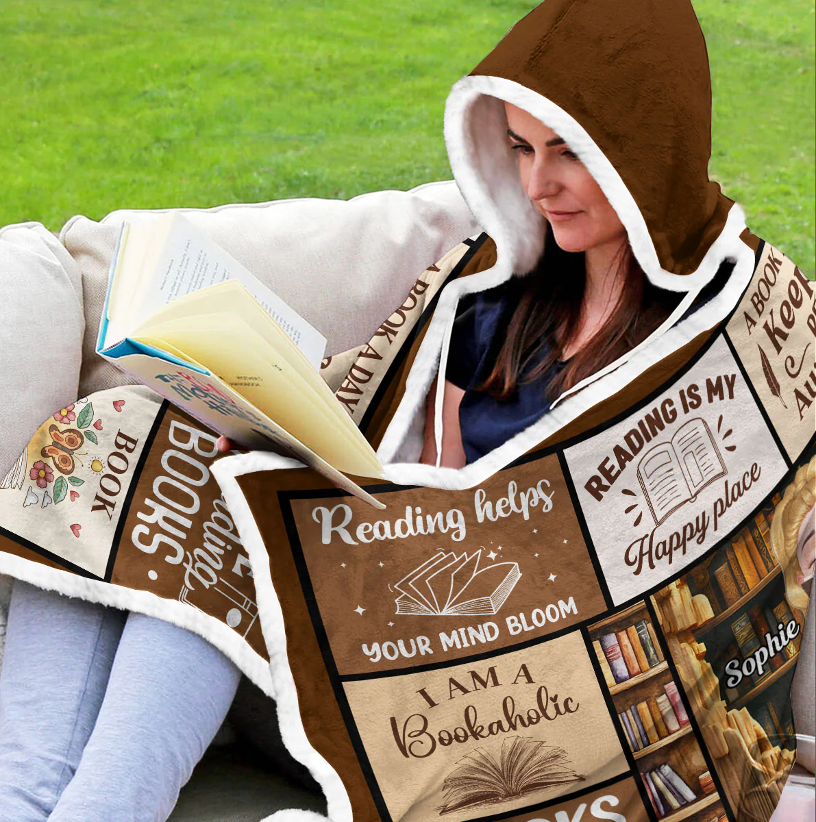 Reading Is My Happy Place - Personalized Custom Hooded Blanket - Image 2
