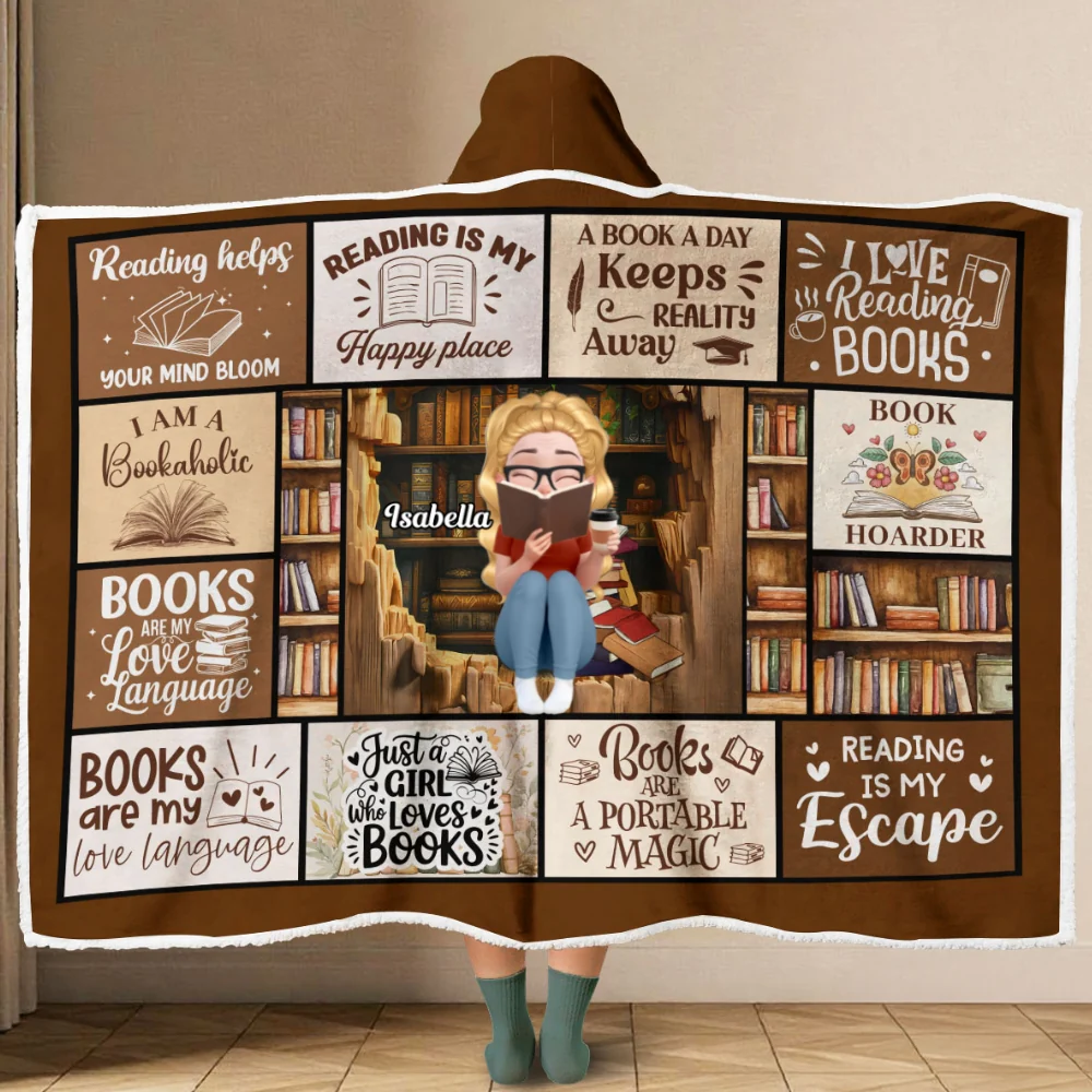 Reading Is My Happy Place - Personalized Custom Hooded Blanket - Image 7