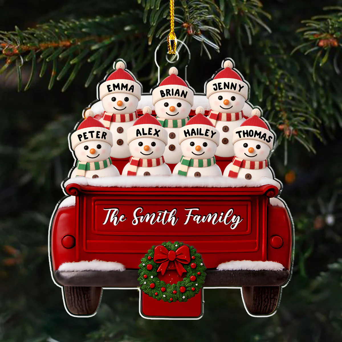 Red Truck Snowman Family - Personalized Custom Acrylic Ornament - Image 2