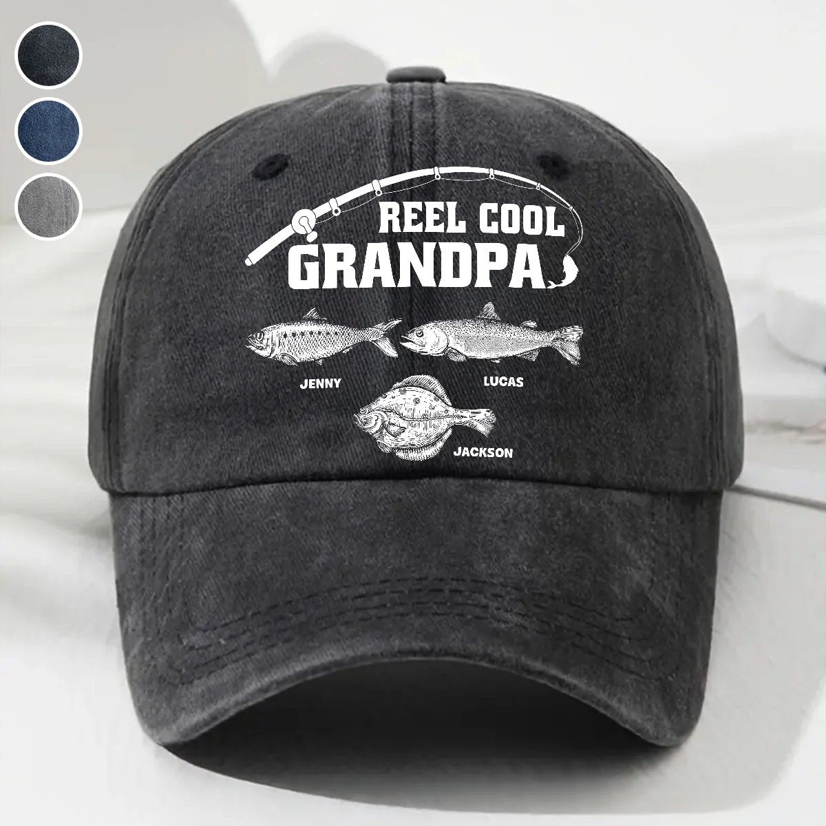 Reel Cool Papa - Personalized Custom Vintage Washed Denim Cap