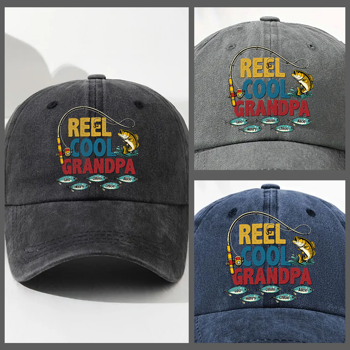 Reel Cool Grandpa - Personalized Custom Vintage Washed Denim Cap - Image 3