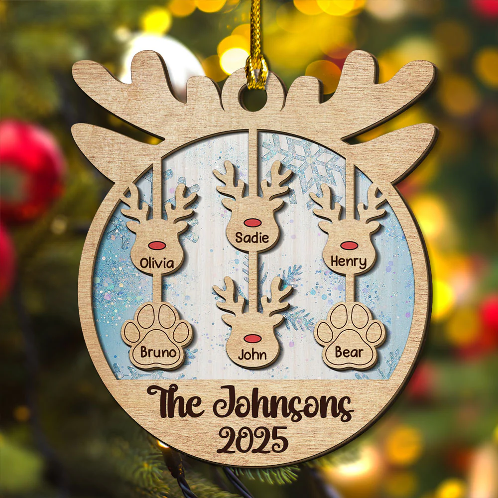 Reindeer Family Name - Personalized Custom 2-Layered Wood Ornament - Image 4