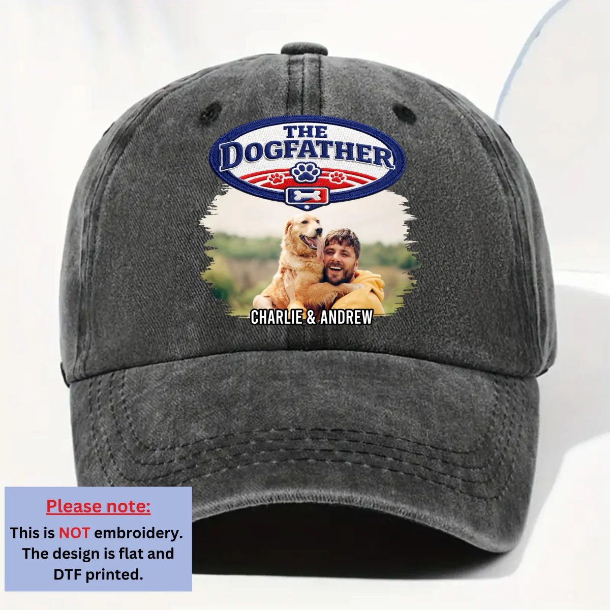 Retro Handsome Dog Dad Photo - Personalized Custom Vintage Washed Denim Cap - Image 4