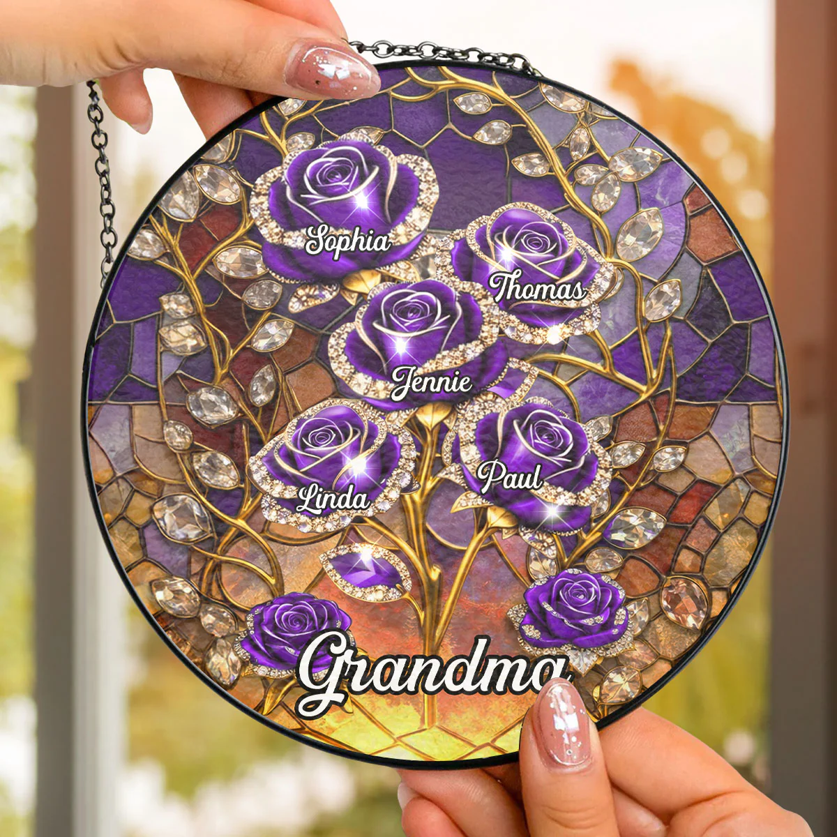 Rose Flower Grandma - Personalized Custom Window Hanging Suncatcher - Image 4