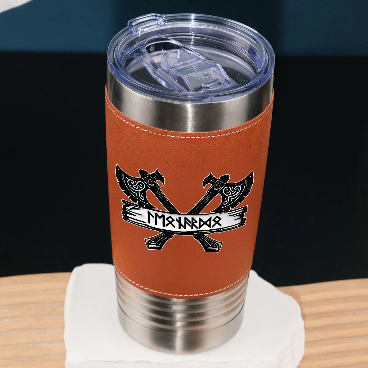 Rune Marked Viking - Personalized Custom Leather Tumbler - Image 2
