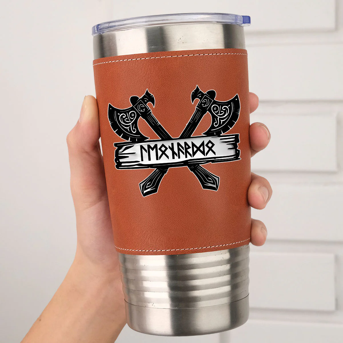 Rune Marked Viking - Personalized Custom Leather Tumbler - Image 5