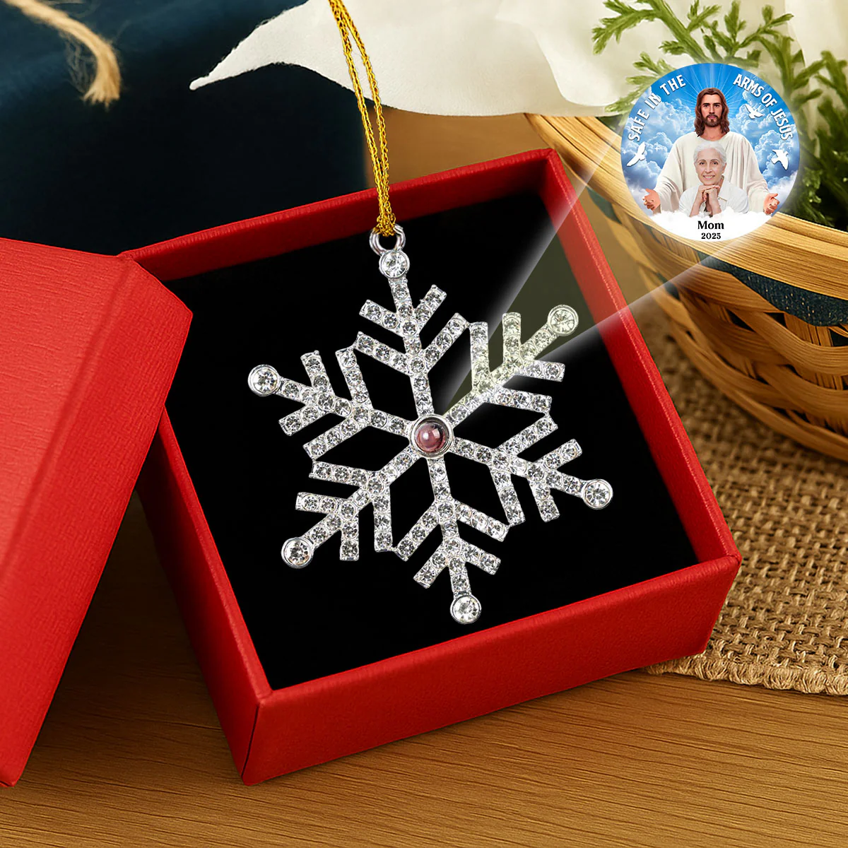 Safe In The Arms Of Jesus - Personalized Custom Photo Snowflake Projection Ornament - Image 2