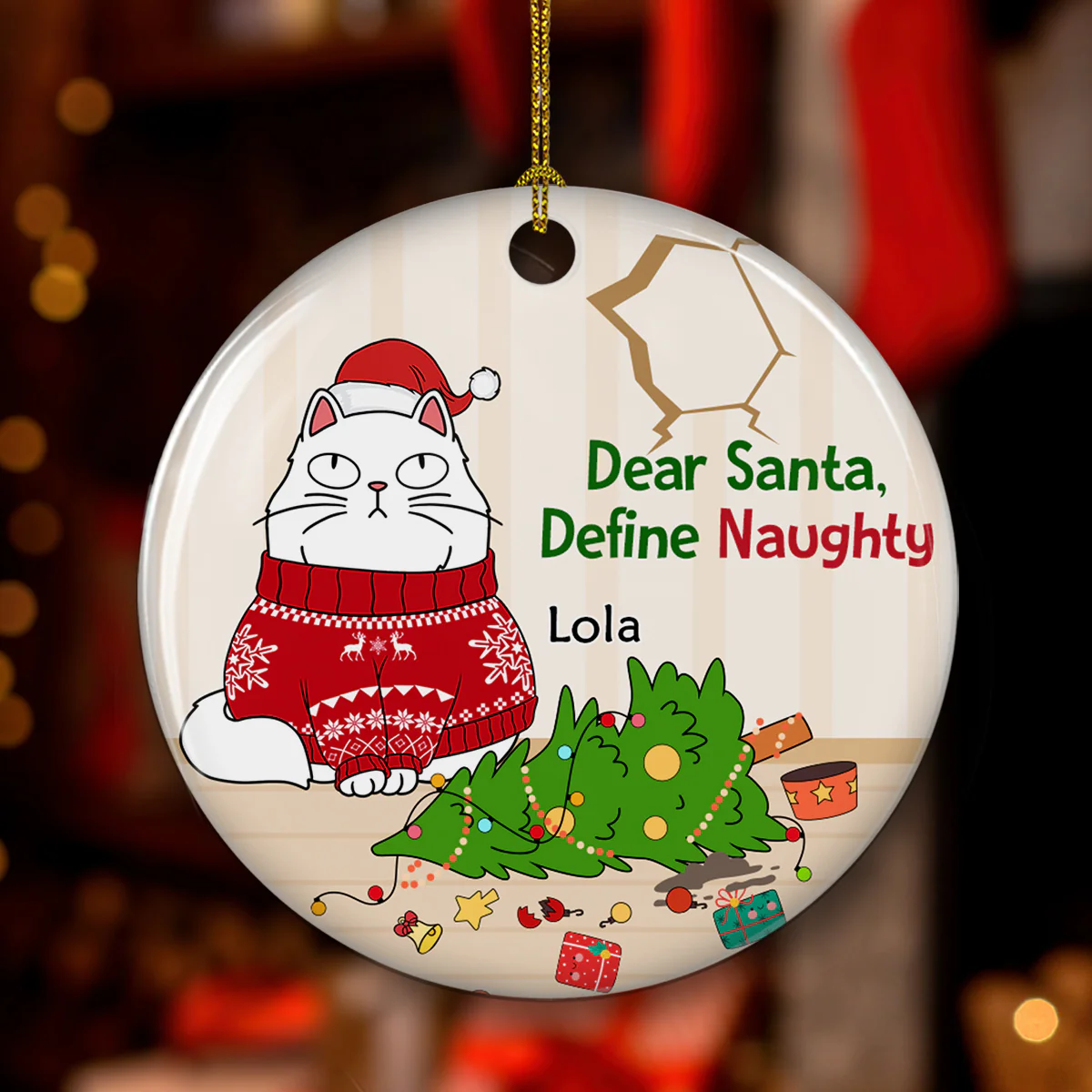 Santa Define Naughty Cats - Personalized Custom Ceramic Ornament - Image 2