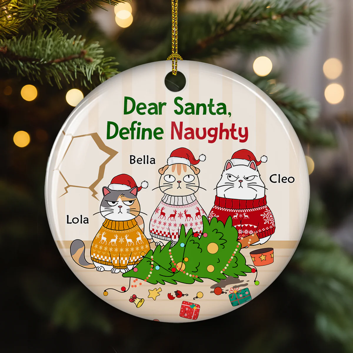 Santa Define Naughty Cats - Personalized Custom Ceramic Ornament - Image 3