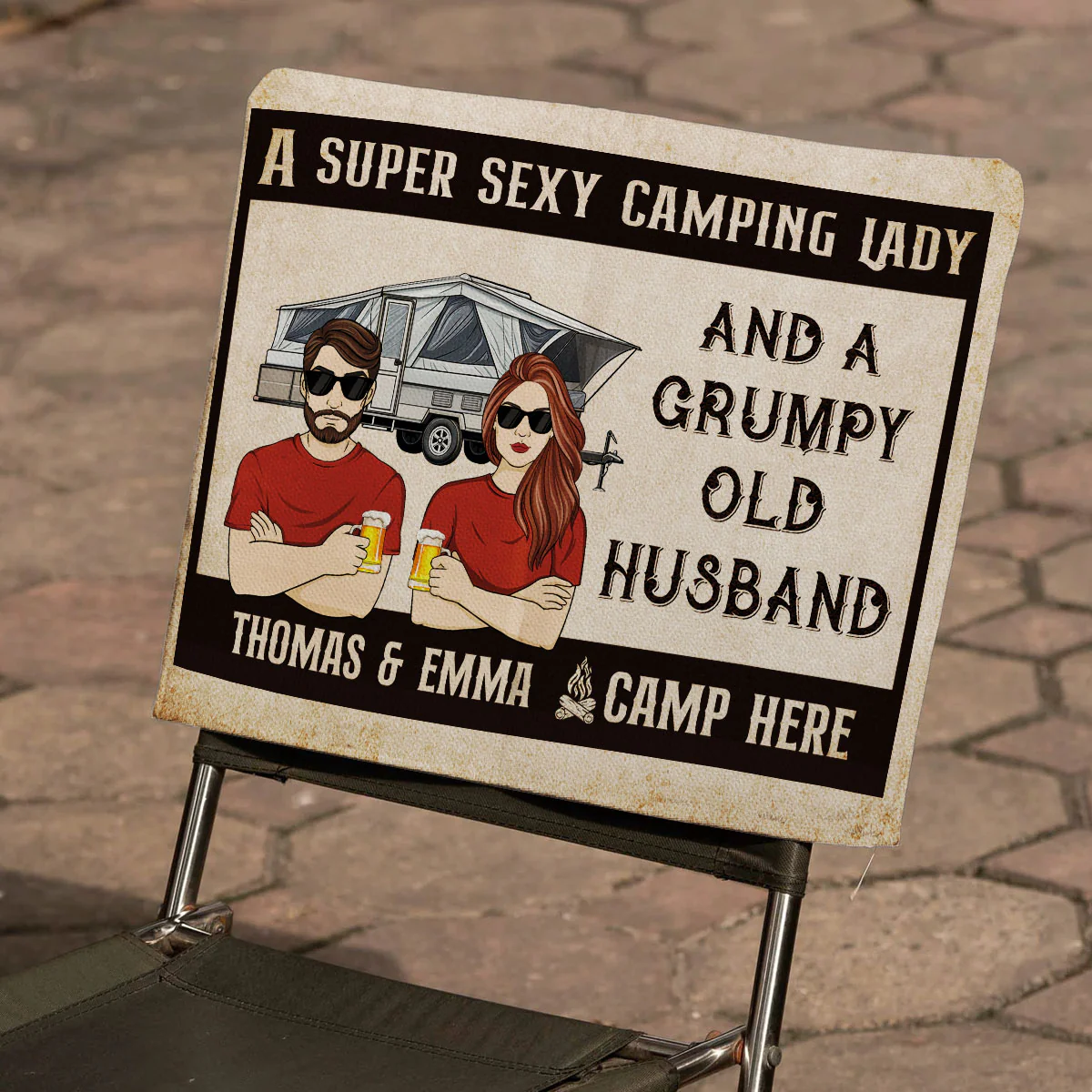 Sexy Camping Lady And Grumpy Old Husband - Personalized Custom Camping Chair Cover - Image 3