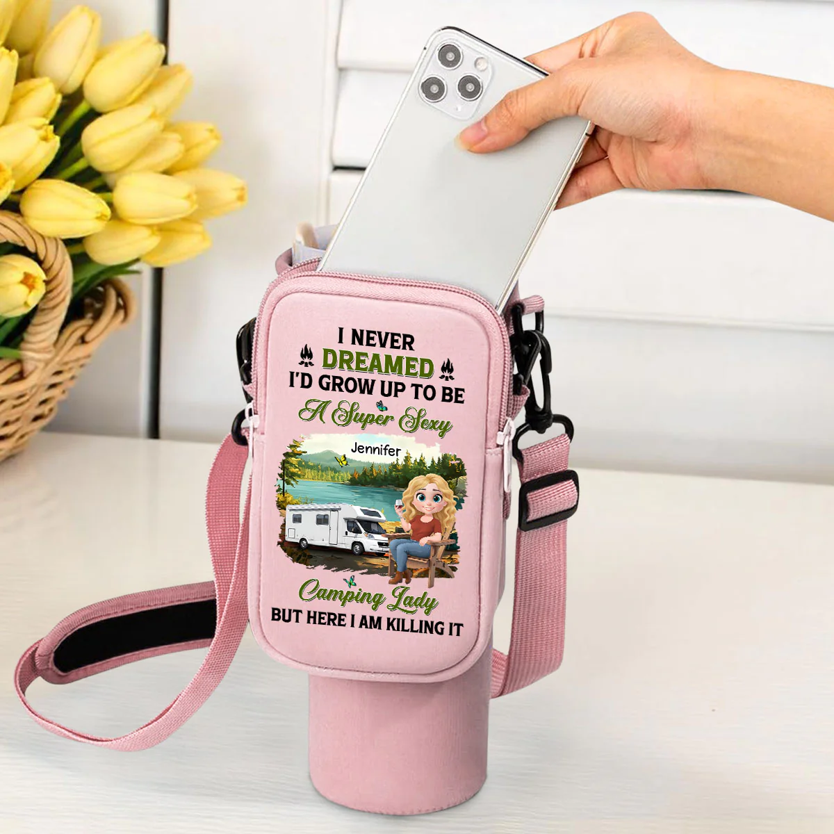 Sexy Camping Lady - Personalized Custom Water Bottle Carrier Bag - Image 2