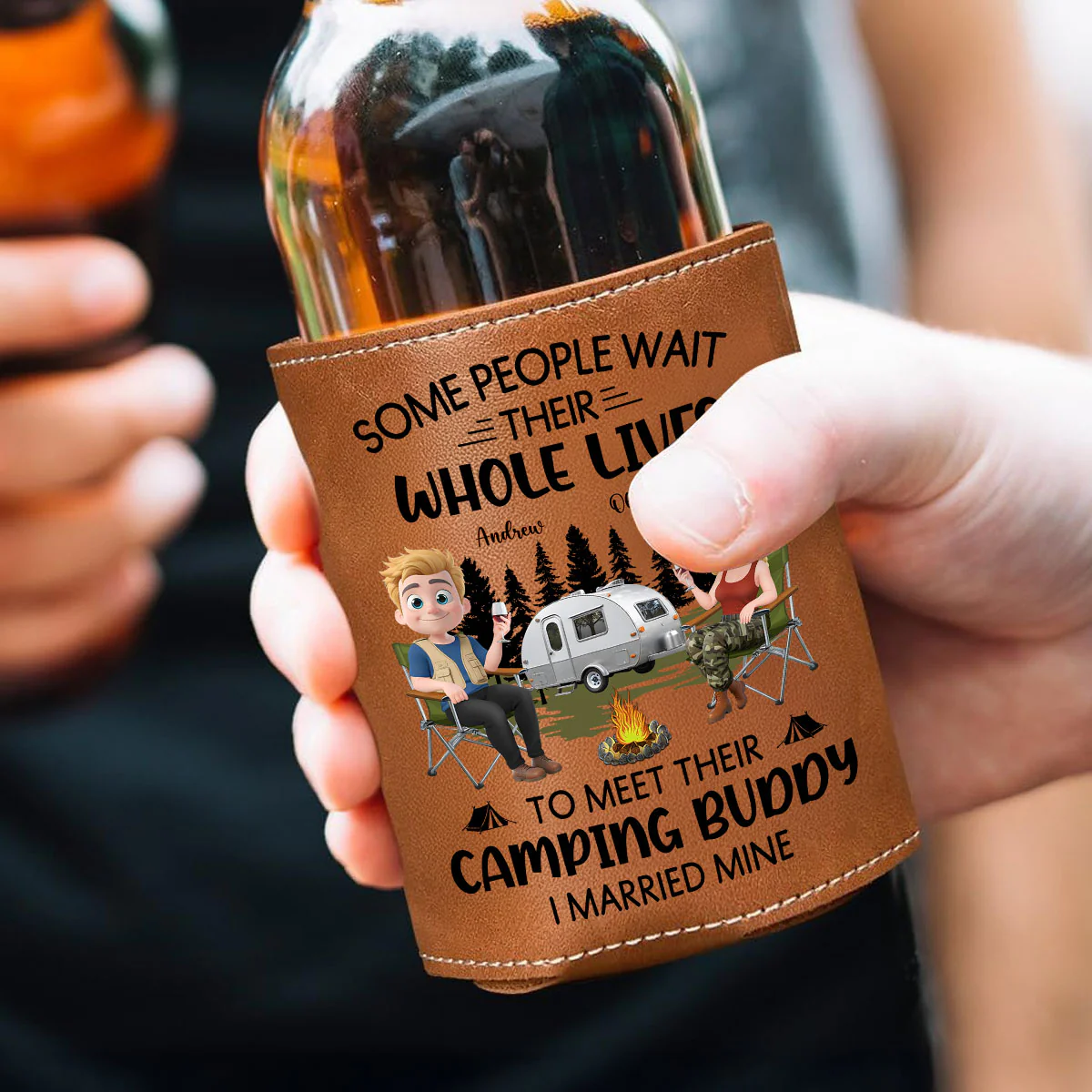 Sharing Every Campfire Night - Personalized Custom Leather Can Cooler Holder - Image 2