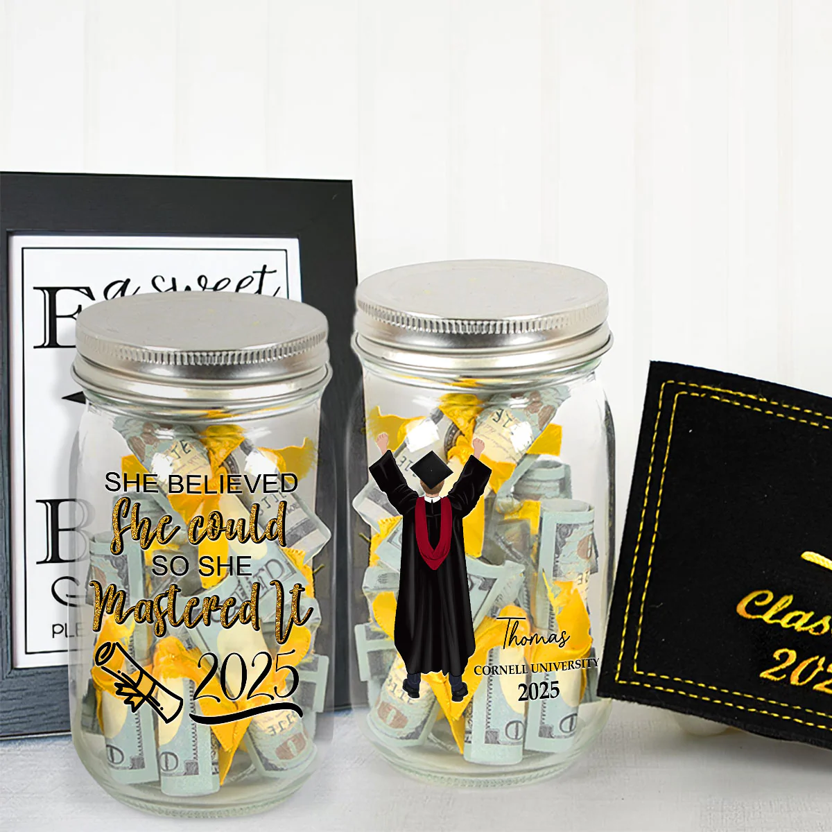 She Believed She Could - Personalized Custom Graduation Mason Jar Light - Image 3