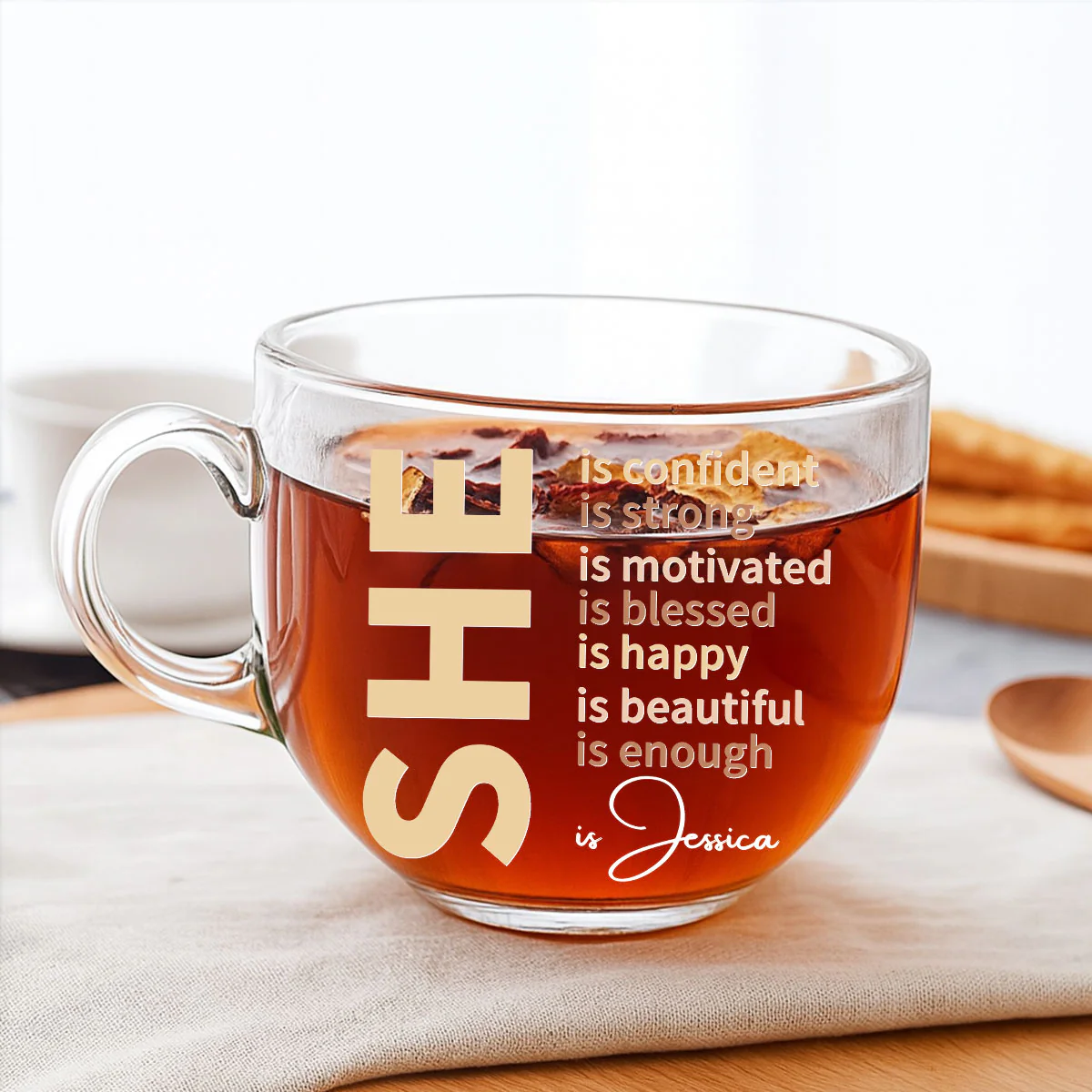She Is Beautiful - Personalized Custom Glass Tea Cup - Image 3