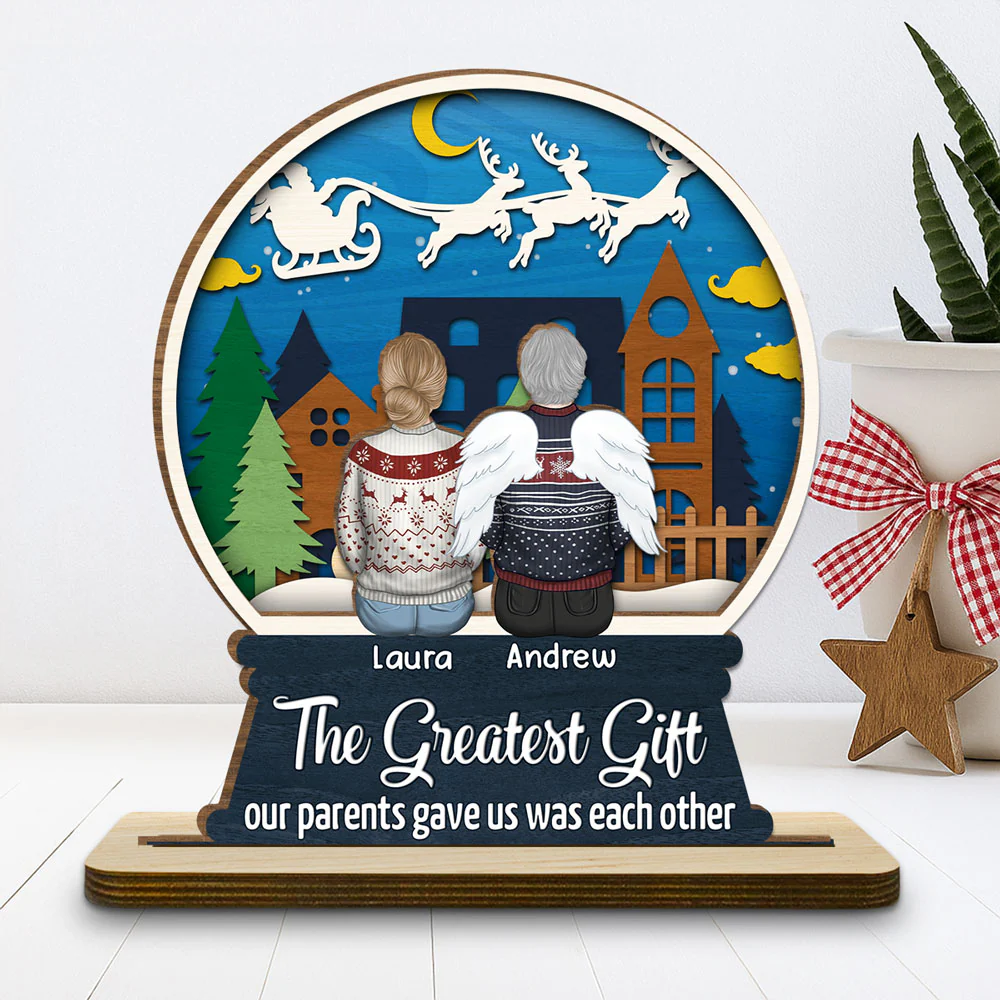 Sibling Snowglobe - Personalized Custom 2-Layer Wood Plaque With Flat Base - Image 2