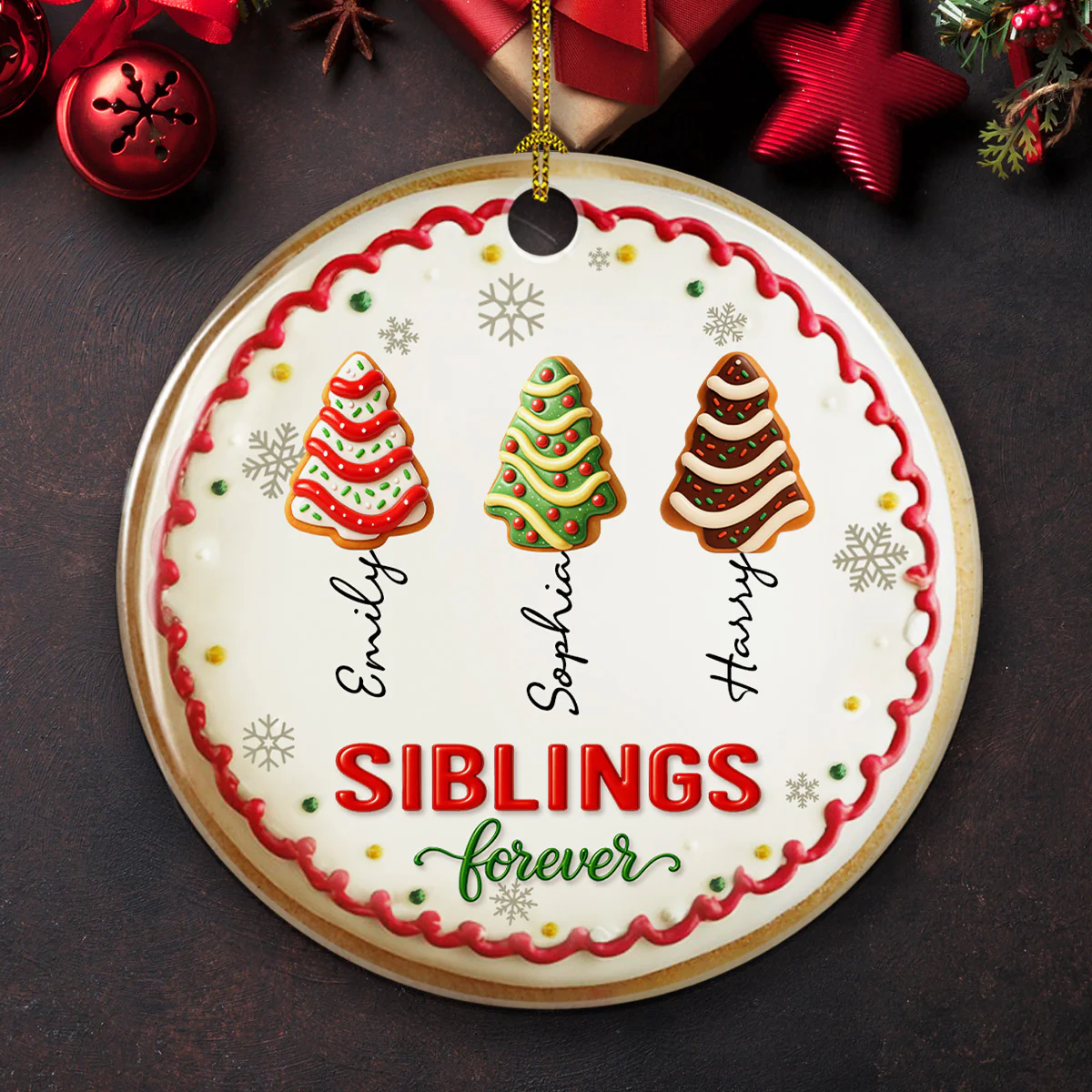 SIblings Christmas Cake Names - Personalized Custom 3D Effect Ceramic Ornament - Image 5